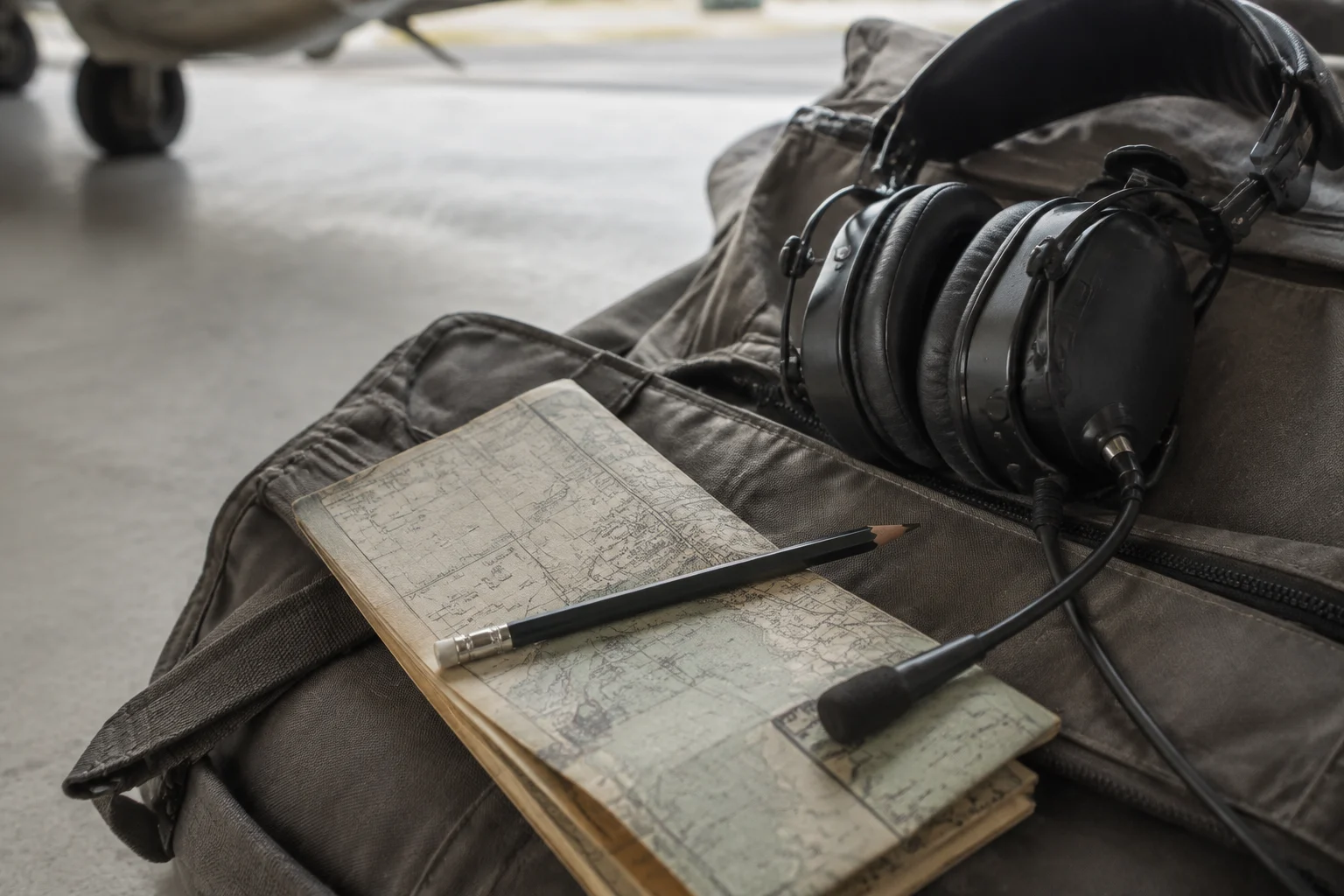 Une planchette de navigation, un crayon et un casque posés sur un sac de vol