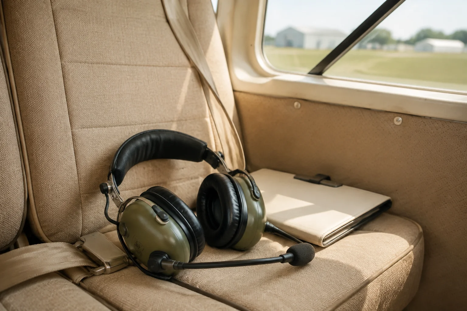 Un casque d’aviation et une planchette sur le siège d’un avion léger