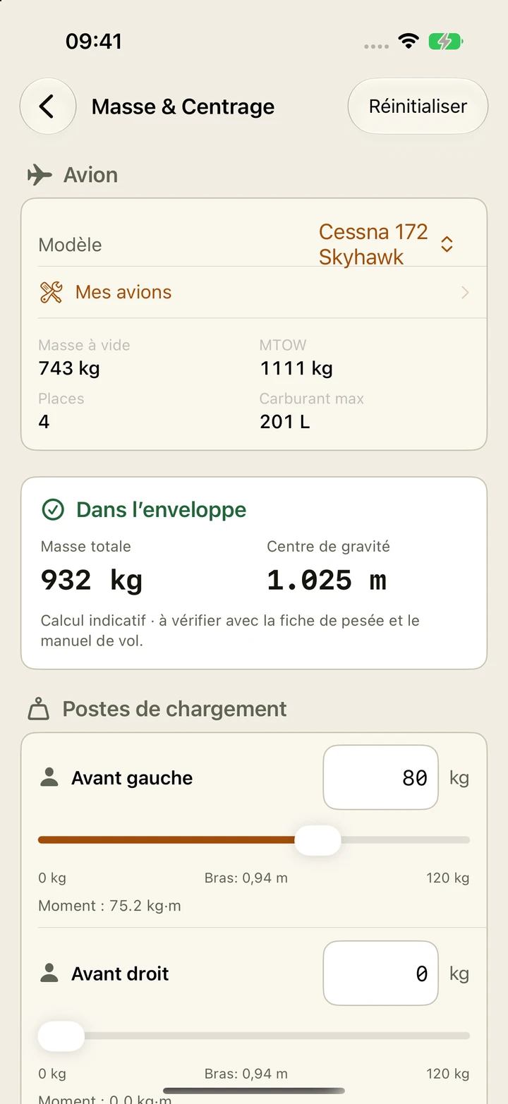 Masse et centrage dans l’application Skyaltis sur iPhone
