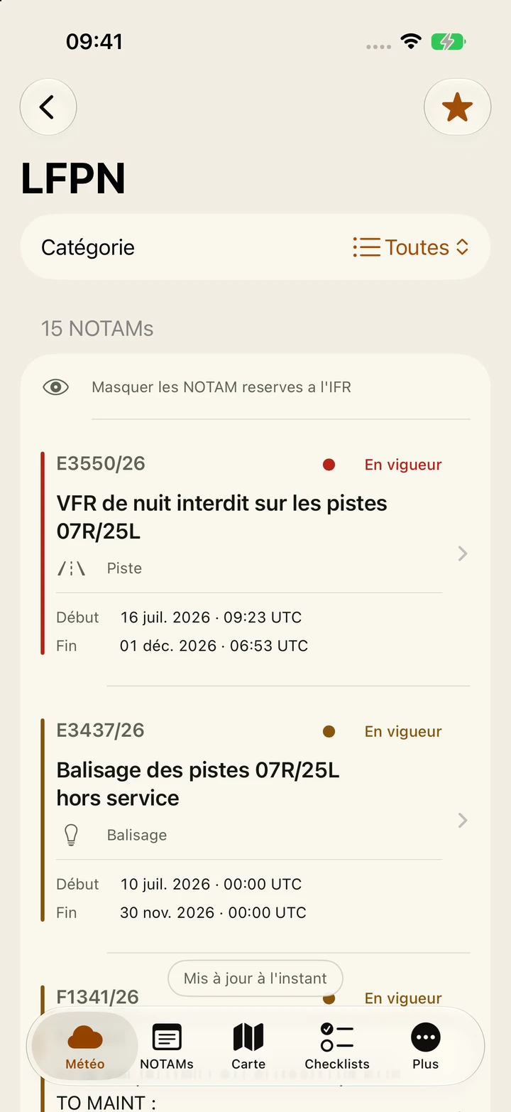 NOTAM dans l’application Skyaltis sur iPhone
