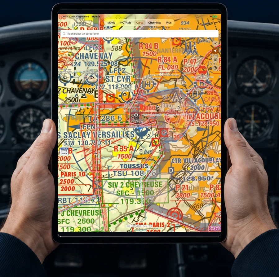 La carte OACI sur iPad dans un cockpit, mise en situation illustrée
